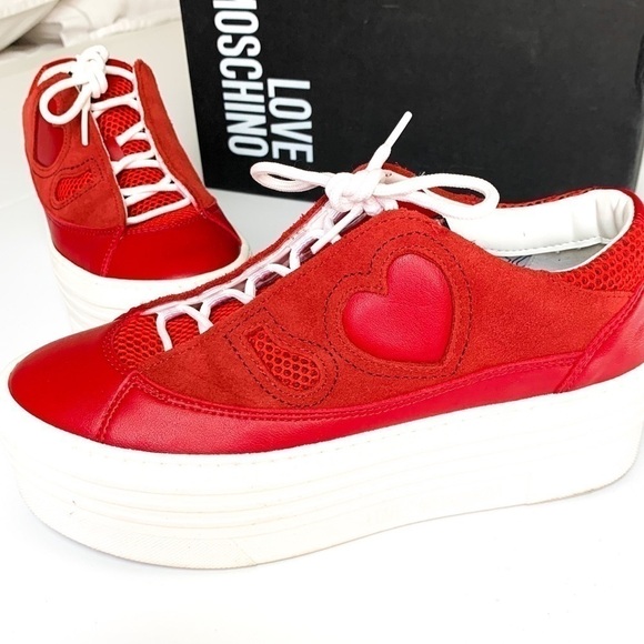 LOVE Moschino Red Suede & Leather Sneakers 38 - Picture 1 of 9